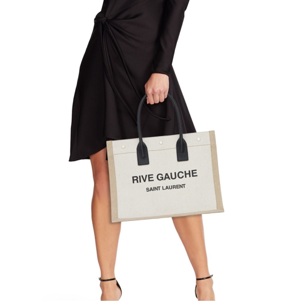 Ysl RIVE GAUCHE SMALL TOTE BAG IN LINEN AND LEATHER NEW SAINT LAURENT